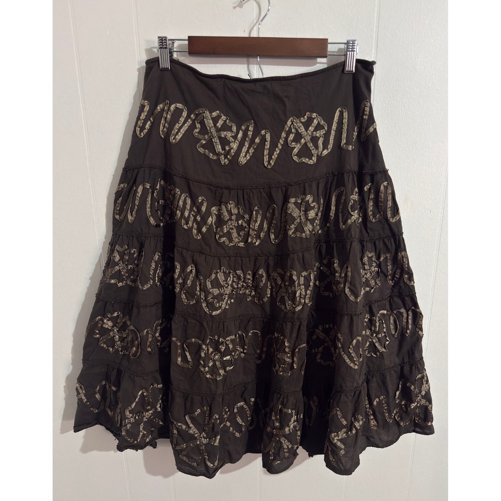 Dimri Boho Beaded Tiered Midi Skirt Womens Large Brown Excellent Ribbon Applique